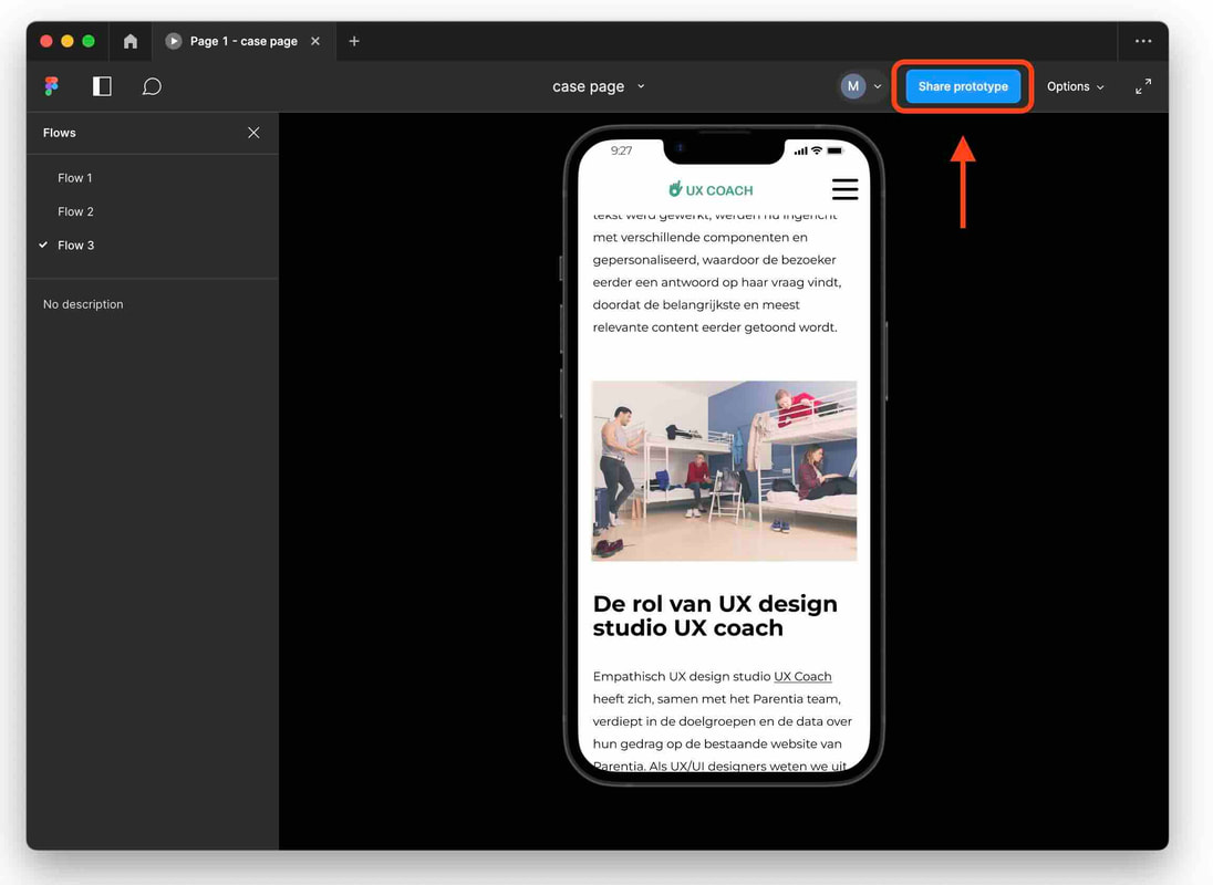 Screenshot Figma met desktop prototype en share settings